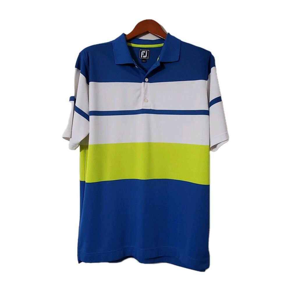 FootJoy Mens Sz Large Block Smooth Pique Polo Blue White Citron